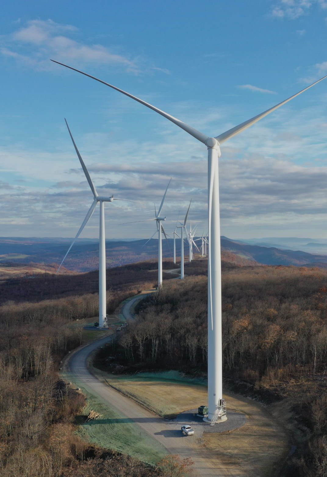 A row of wind turbines.