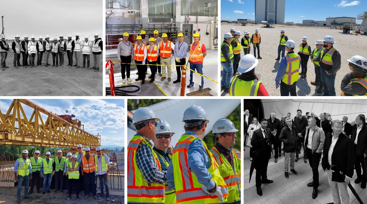 Collage of photos of Brendan Bechtel and Craig Albert in safety gear on project sites around the world with Bechtel team members.