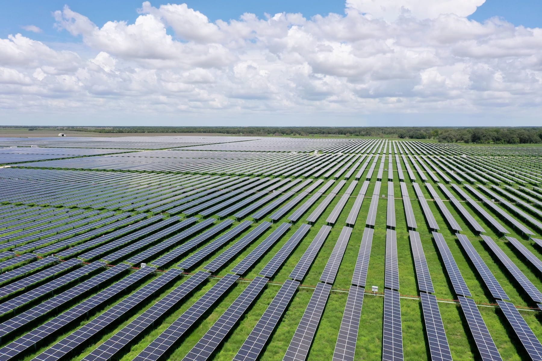 Aerial view of a large field of solar panels.