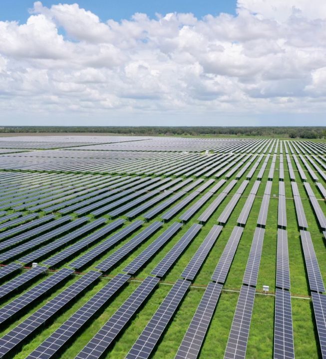 Aerial view of a large field of solar panels.